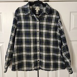 L.L.Bean Women's Plus 2X Relaxed Fit Plaid Flannel Button-Up Shirt Blue Yellow